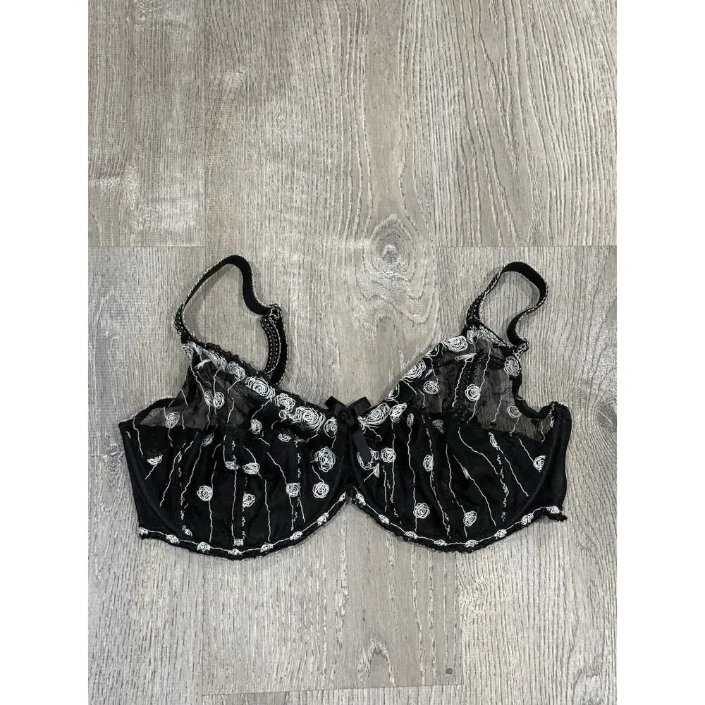 FREYA Mesh Sheer Polka Dot Lace Trim Underwire Plunge Bra Womens 38FF MOD AA312 - Picture 1 of 3